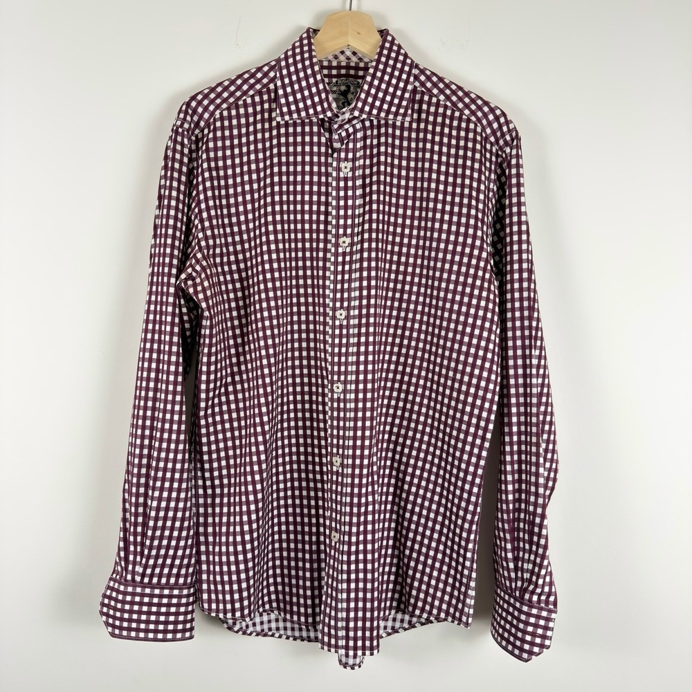 Bugatchi Uomo Shaped Fit Men's Dress Shirt Large Burgundy White Gingham Check